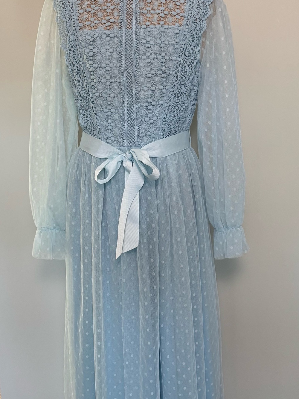 SHEIN Light Blue Lace & Swiss Dot Long Sleeve Midi Dress with Bow A-line Formal
